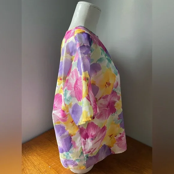 Vintage Blair Women’s Blouse Bold Floral Bright Short Sleeve Top Size 16 L XL - Picture 5 of 16